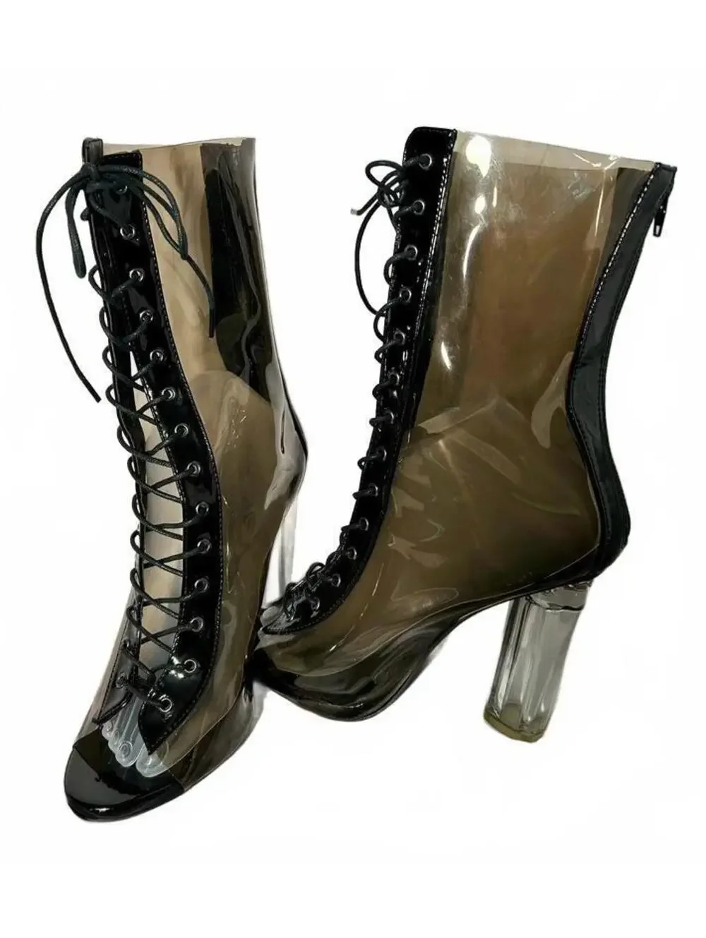 Fashion Nova Avant-garde Smoky Transparent Lace-Up Peep Toe Boot Block Heel 10